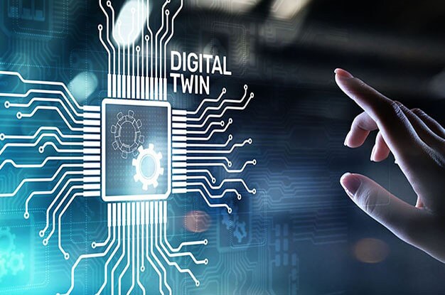 These Designs Can Drive Digital Twinningの詳細を読む。 link to Digital Twinning article. hand reaching for holographic semiconductor with words Digital Twin beside