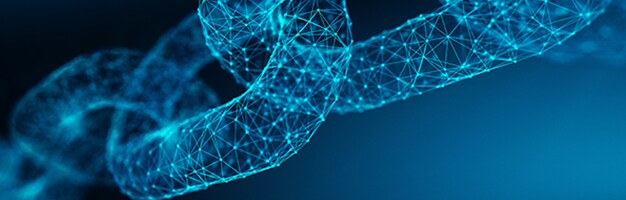 Securing the IoT with Blockchainの詳細を読む。 glowing blue outlines of chains with nodes