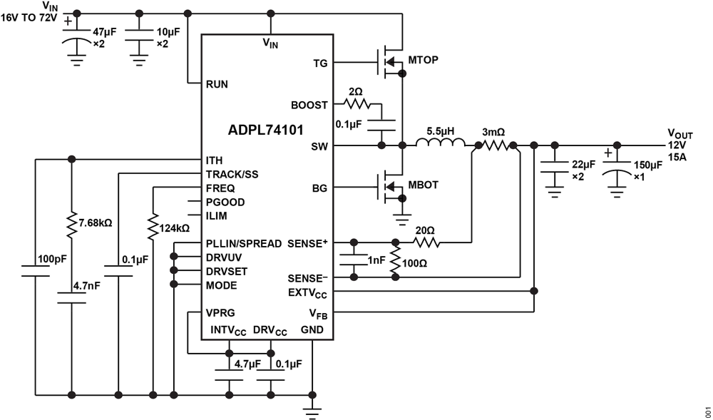 アプリケーション回路図 - Analog Devices Inc. ADPL74101 同期整流式降圧DC/DCコントローラ