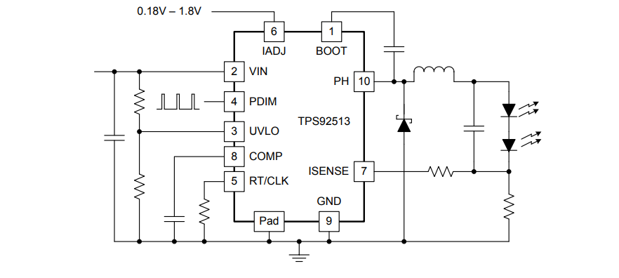 回路図 - Texas Instruments  TPS92513/HV降圧型バックLEDドライバ