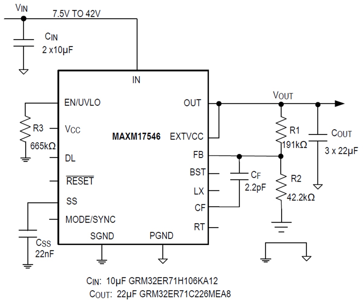 アプリケーション回路図 - Analog Devices / Maxim Integrated MAXM17546 DC-DC降圧パワー・モジュール