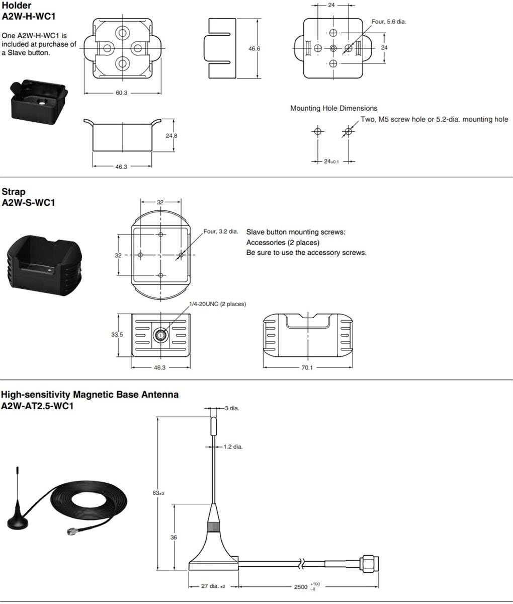 機械図面 - Omron Industrial Automation A2Wシリーズのアクセサリ