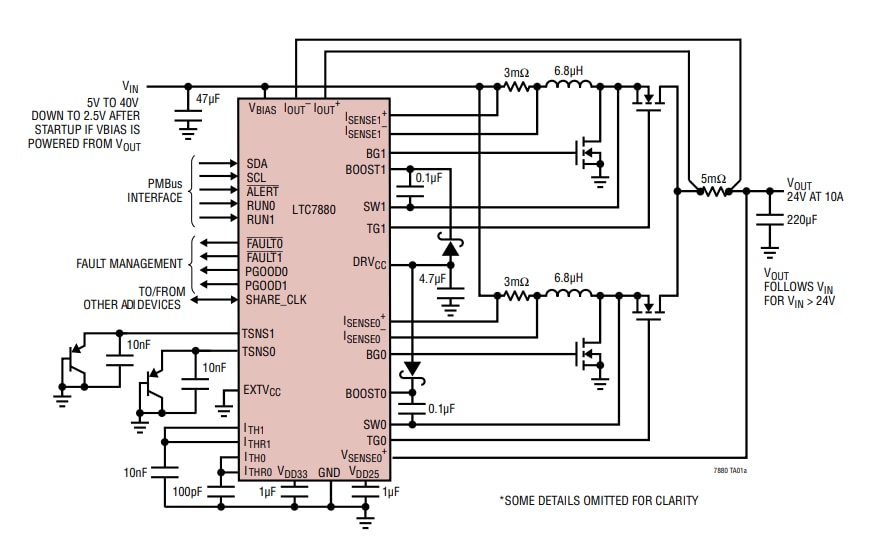 アプリケーション回路図 - Analog Devices Inc. LTC7880昇圧型コントローラ