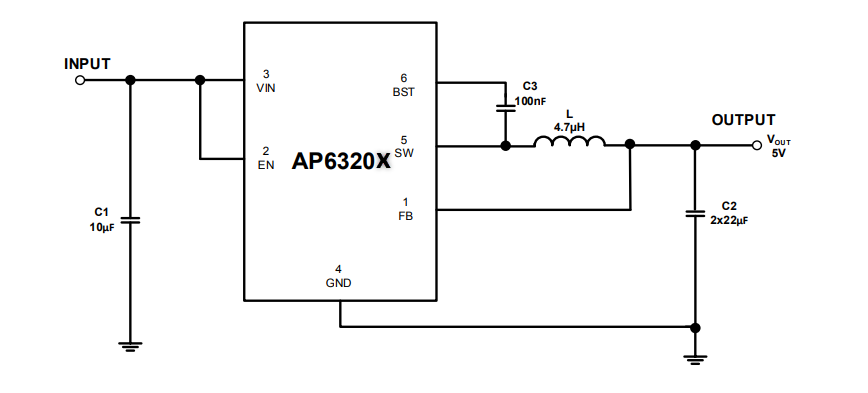 アプリケーション回路図 - Diodes Incorporated AP6320x同期バックコンバータ