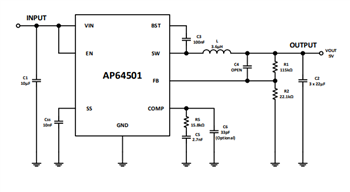 アプリケーション回路図 - Diodes Incorporated AP64500/AP64501 DC-DCバックコンバータ