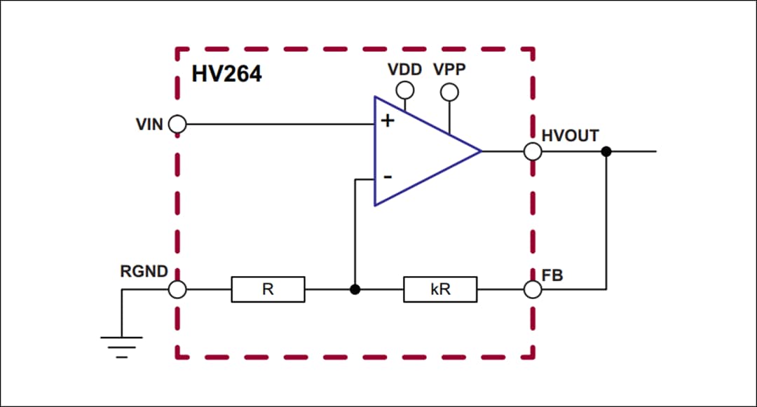 アプリケーション回路図 - Microchip Technology HV264クワッド高電圧アンプ・アレイ