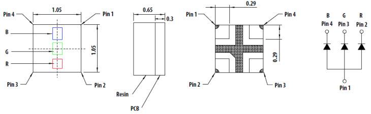 機械図面 - Broadcom HSMF-C116 3色チップLED