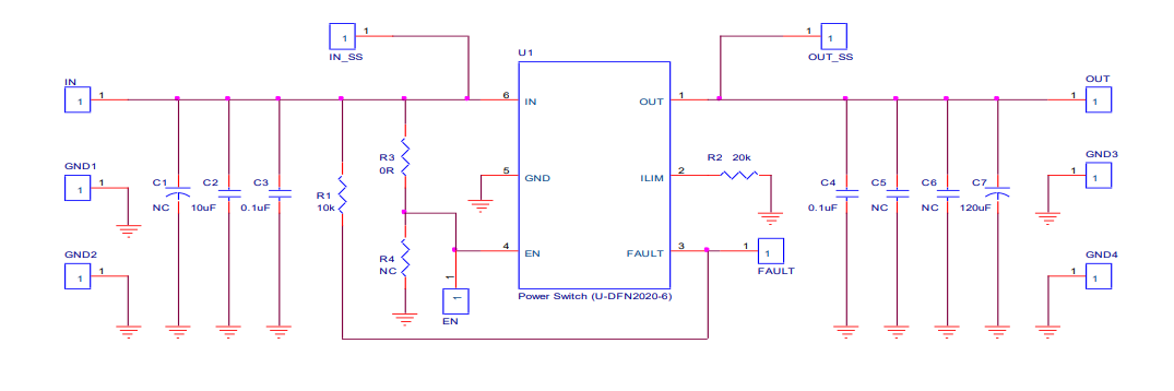 回路図 - Diodes Incorporated AP22653FDZ-EVM 評価モジュール