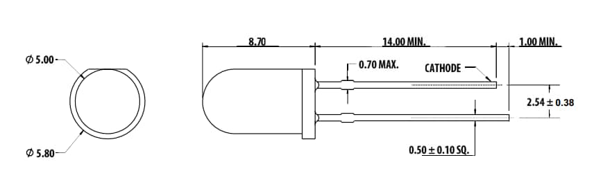 機械図面 - Broadcom 5mm丸型赤外線LEDランプ