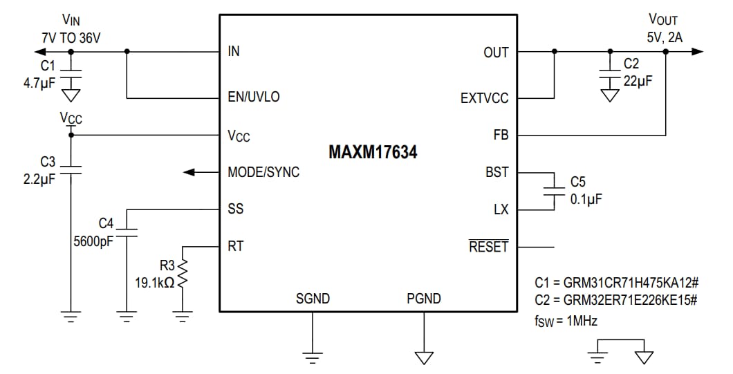 ブロック図 - Analog Devices Inc. MAXM17633、MAXM17634、MAXM17635パワーモジュール