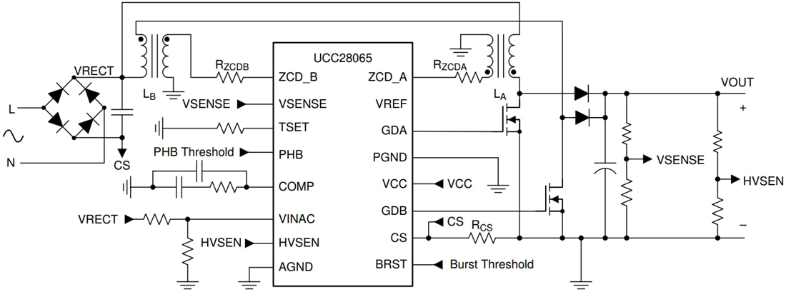 アプリケーション回路図 - Texas Instruments UCC28065遷移モードPFCコントローラ