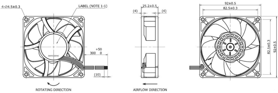 Mechanical Drawing - Sanyo Denki San Ace 92 9HV High Static Pressure DC Fans Mechanical Drawing - Sanyo Denki San Ace 92 9HV High Static Pressure DC Fans