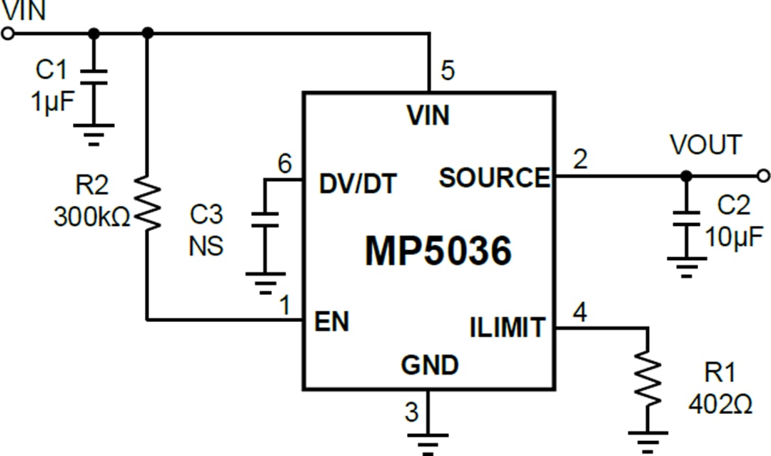 Application Circuit Diagram - Monolithic Power Systems (MPS) MP5036 Current Limit Switch