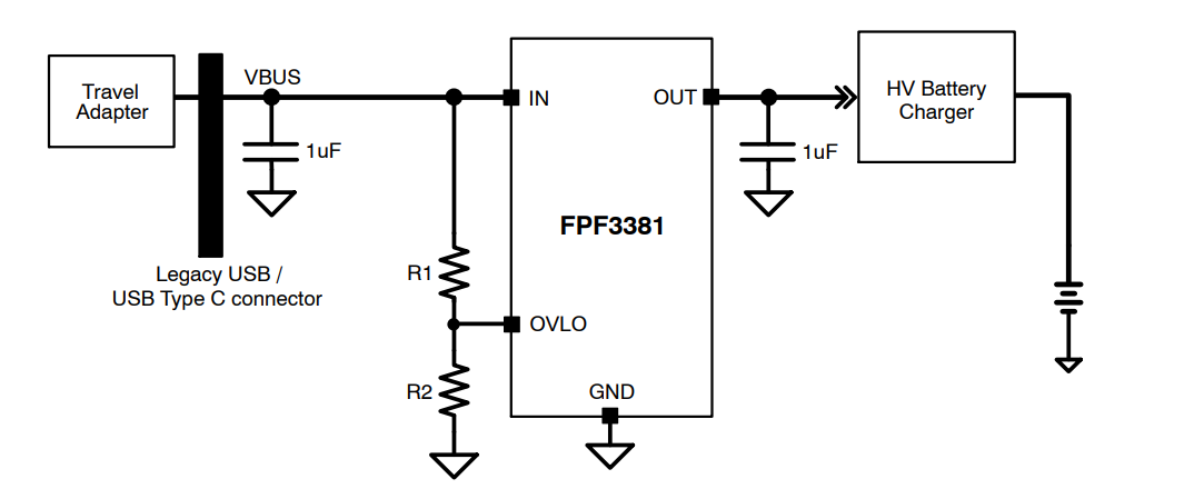 アプリケーション回路図 - onsemi FPF3381過電圧保護負荷スイッチ