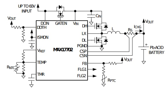 アプリケーション回路図 - Analog Devices / Maxim Integrated MAX17702バッテリ充電器コントローラ