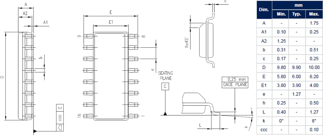 機械図面 - STMicroelectronics STDRIVEG600ハーフブリッジゲートドライバ