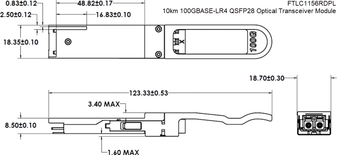 Mechanical Drawing - Coherent FTLC1156RDPL 100GBASE-LR4 QSFP28 Transceivers Mechanical Drawing - Coherent FTLC1156RDPL 100GBASE-LR4 QSFP28 Transceivers