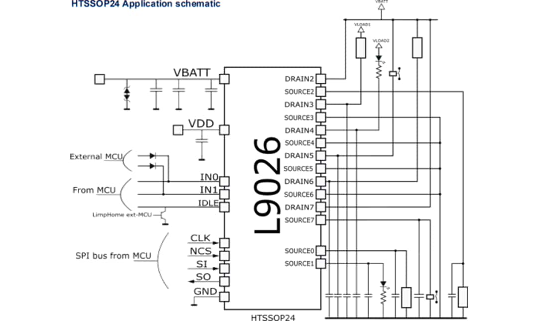 アプリケーション回路図 - STMicroelectronics L9026マルチチャンネル・リレードライバ