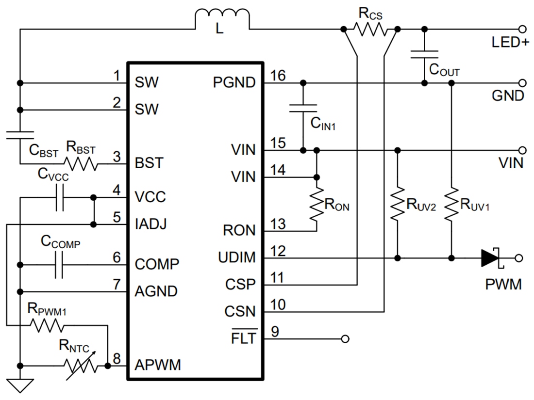 回路図 - Texas Instruments TPS92643-Q1降圧赤外線LEDドライバ