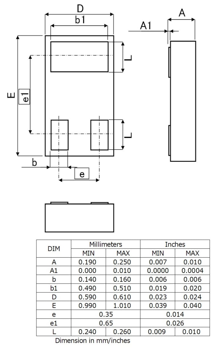 機械図面 - ROHM Semiconductor RA1C030LD WLCSP MOSFET