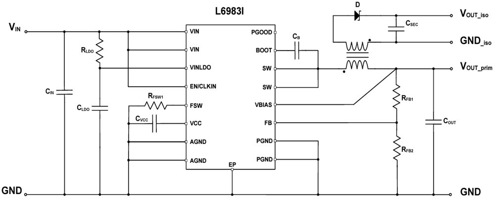 アプリケーション回路図 - STMicroelectronics STEVAL-L6983IV1同期Isoバック評価ボード