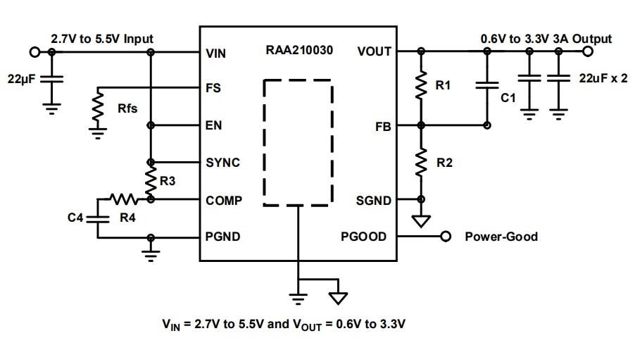 アプリケーション回路図 - Renesas Electronics RAA210030降圧DC/DC Mini電源モジュール アプリケーション回路図 - Renesas Electronics RAA210030降圧DC/DC Mini電源モジュール