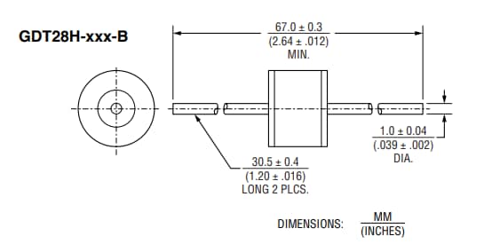 機械図面 - Bourns GDT28H 2極ガス放出管 機械図面 - Bourns GDT28H 2極ガス放出管