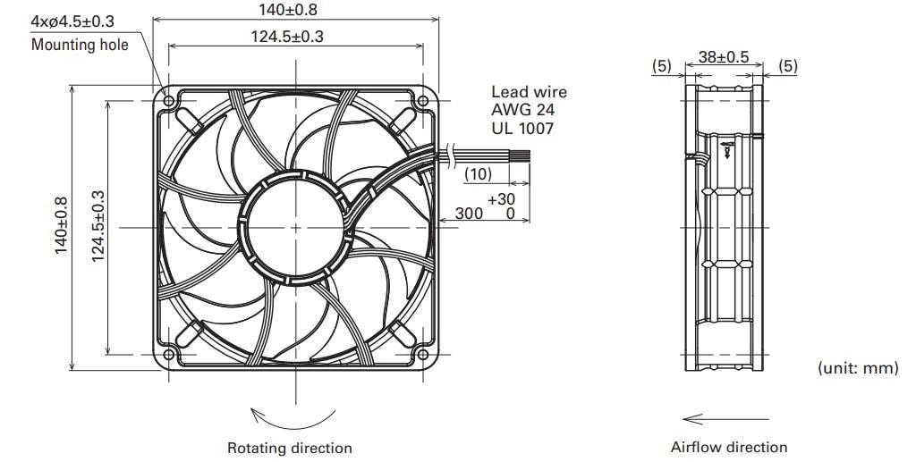 Mechanical Drawing - Sanyo Denki San Ace 140 9RA Low Noise DC Fans Mechanical Drawing - Sanyo Denki San Ace 140 9RA Low Noise DC Fans