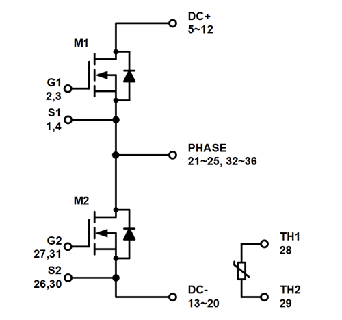 回路図 - onsemi NXH00xP120M3F2PTxG EliteSiCハーフブリッジモジュール
