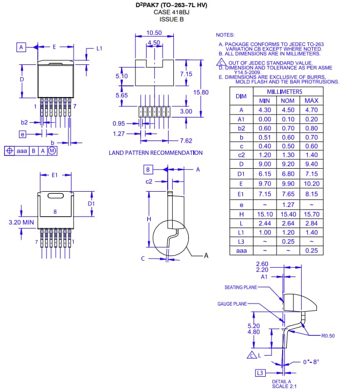 機械図面 - onsemi NVBG070N120M3Sシリコンカーバイド(SiC) MOSFET 機械図面 - onsemi NVBG070N120M3Sシリコンカーバイド(SiC) MOSFET