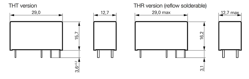 機械図面 - TE Connectivity / Schrack RT2汎用パワーPCBリレー