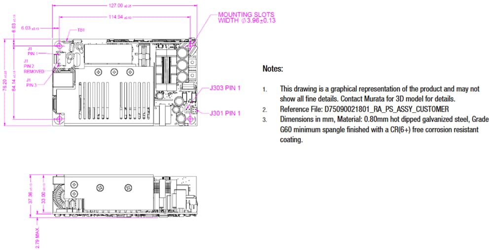 機械図面 - Murata PQC600 600W オープンフレーム電源