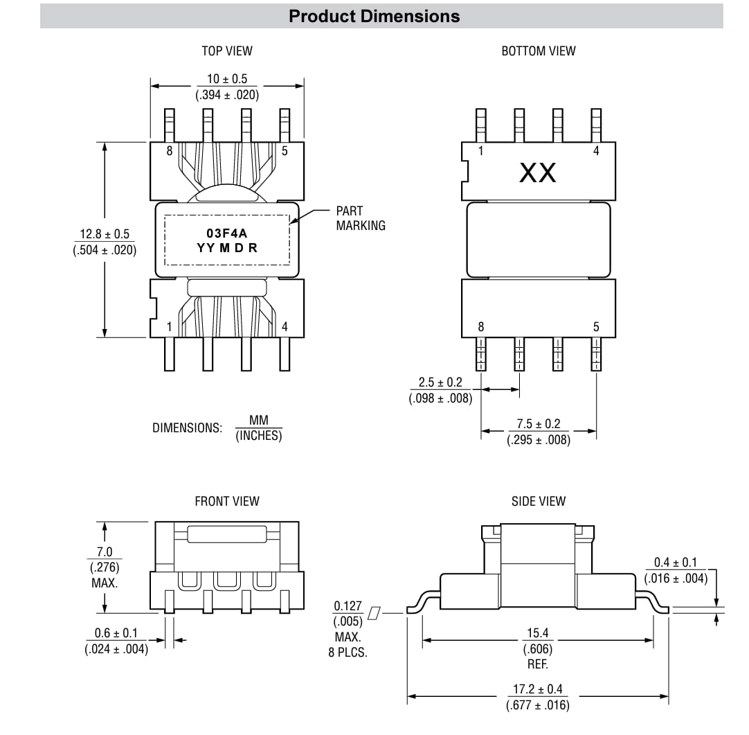 機械図面 - Bourns HVMA03F4A-LP8S 2Wゲートドライバトランス