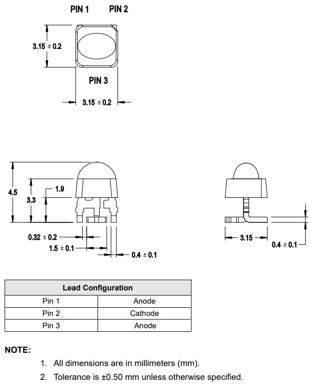 機械図面 - Broadcom AAMD-Lx3x/AAMD-LY33 小型高輝度楕円形LED 