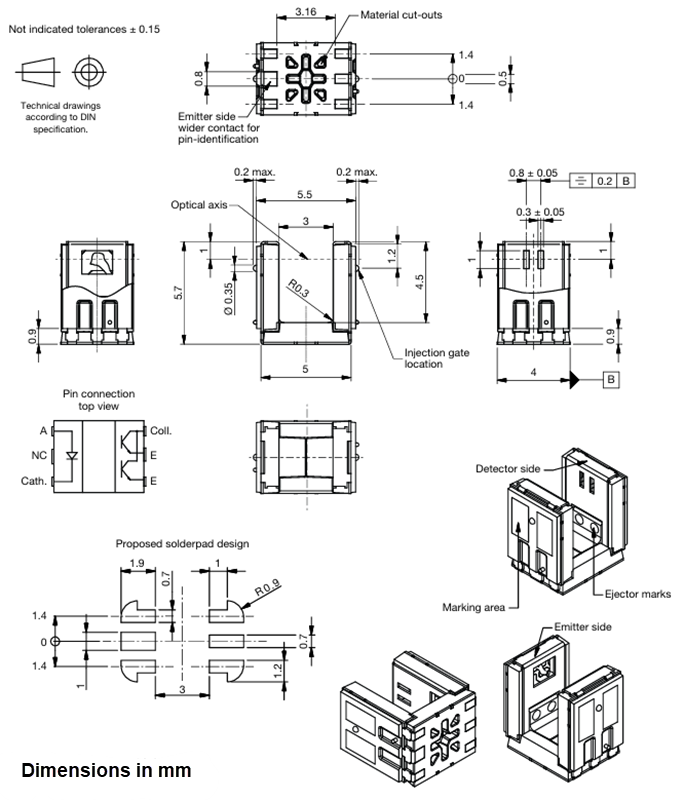 機械図面 - Vishay Semiconductors VT17x透過型センサ