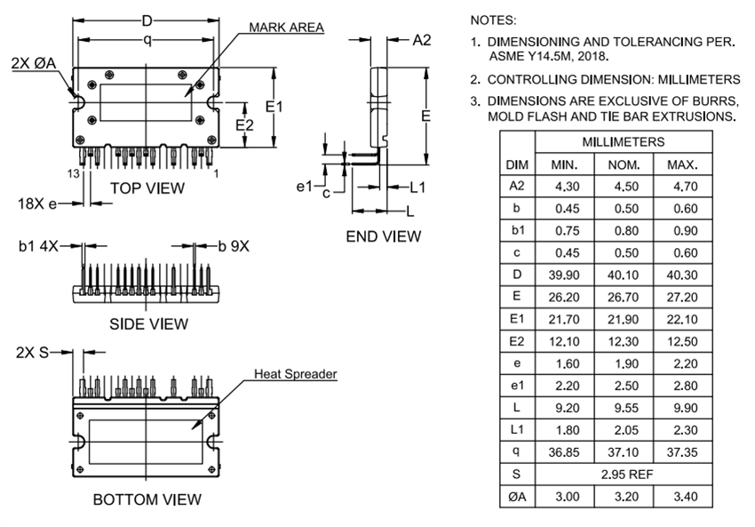 機械図面 - onsemi NXVF6532M3TG01 650V EliteSiC HブリッジパワーMOSFET