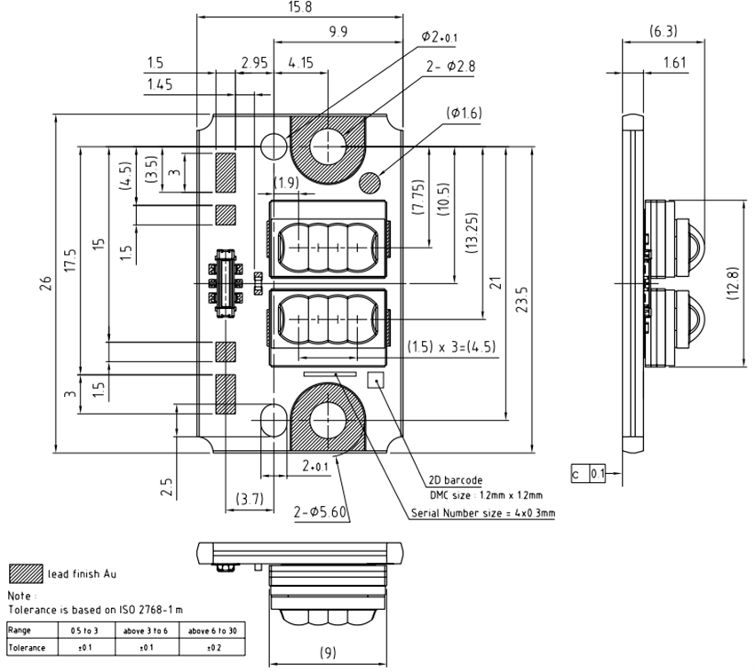 機械図面 - ams OSRAM PLPM7 Vegalas™パワー・マルチダイ・エッジ発光レーザー