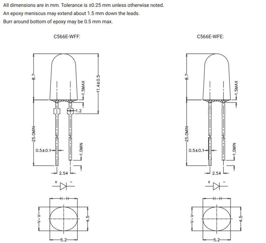 機械図面 - Cree LED C566E-WFF/C566E-WFE 5mmオーバルホワイトLED