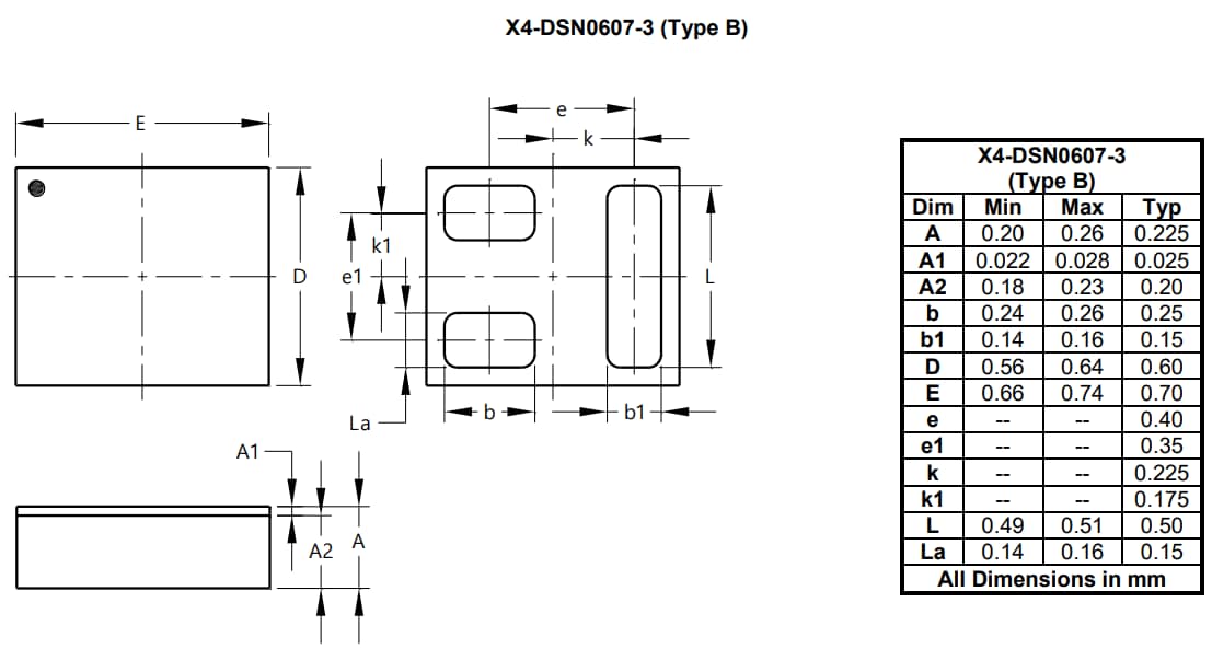 機械図面 - Diodes Incorporated DMN1057UCA3 NチャンネルエンハンストモードMOSFET