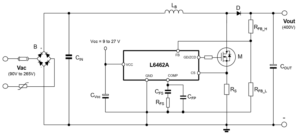 アプリケーション回路図 - STMicroelectronics L6462AブーストPFCコントローラ