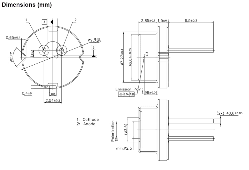 機械図面 - ams OSRAM PLPT9 450MD_E Metal Canレーザーダイオード