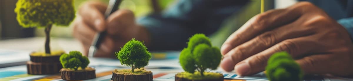 ペンで書類に何かを書いている人物の手。目の前には小さな鉢植えの木がテーブルに置かれている。